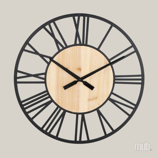 Horloge Murale en Métal & Bois avec Chiffres Romains – 50 cm